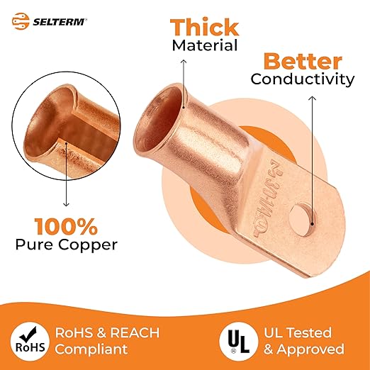 SELTERM 5pcs 3/0 AWG 1/4" Stud Copper Wire Lugs, Ring Terminals, Battery Cable Ends, 000 Gauge Ring Terminal Connectors, UL Heavy Duty Bare Copper Eyelets Battery Terminal Connectors