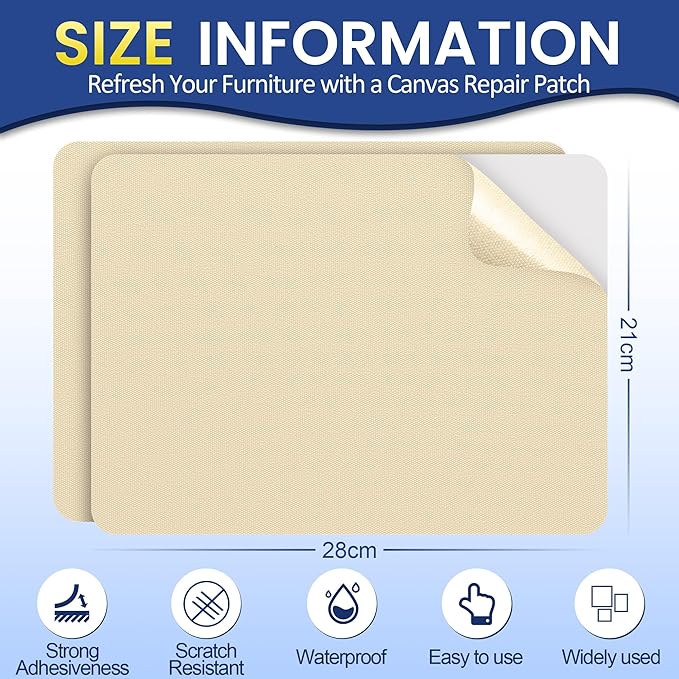 Self-Adhesive Canvas Repair Tape, 8.3" x 11" Waterproof Canvas Repair Patch, Fabric Patch Repairs Kit for Furniture, Tents, Sunbrellas, Boat Covers Awnings, Couches, Clothes, Bags Beige-Yellow