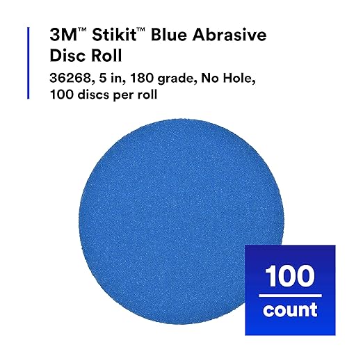3M Stikit Blue Abrasive Disc Roll, 36268, No Hole, 5 in, 180+ Grade, Pack of 100, Automotive Sanding Discs for Coating Removal, Body Repair, Auto Sanding, Primer Sanding