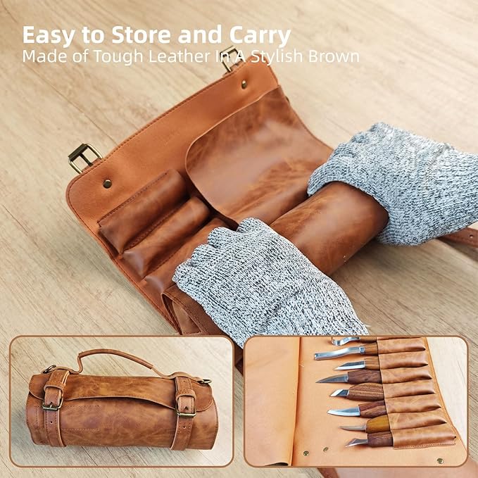 Wood Carving Kit, 16Pcs Deluxe Whittling Set with 8Pcs Whittling Knives & 4Pcs Detail Carving Knives, PU Leather Storage Bag,complete Woodworking Tools for Beginners & Professionals