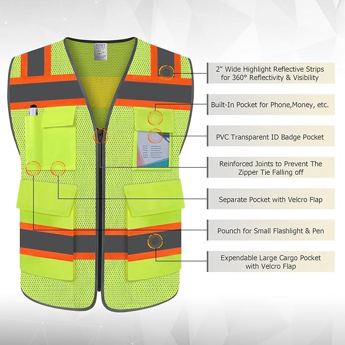 TCCFCCT Reflective Vest 5 Pockets Mesh Safety Vest with Reinforced Zipper, High Visibility Surveyor Work Vest for Men Women with Fluorescent Orange Edge, Durable to Use, Meets ANSI/ISEA, DW-Yellow, XL