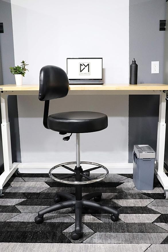 Chair Master Round Vinyl Chair/Stool-Black-for Garage, Counters, Shop, Kitchen, Computer Desks, Drafting Tables. EASY to CLEAN! (Soft Non-Marking Casters, Tall Bench/Drafting 24"-34")