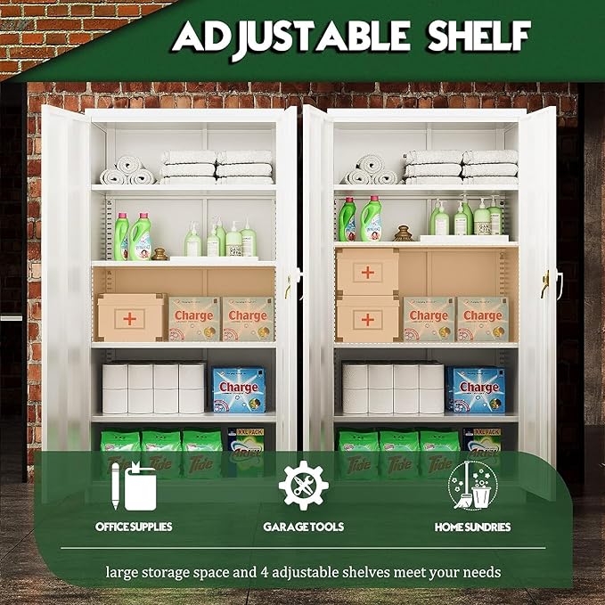 Greenvelly Metal Garage Storage Cabinet with 2 Doors & Adjustable Shelves, 72" Lockable Steel Tool Cabinet - White - (36" W x 18" D)