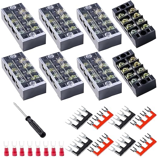 Terminal Block (8 Sets) 8Pcs 4 Positions Dual Row 600V 25A Screw Terminal Strip Blocks with Cover&8Pcs Pre-Insulated Barrier Termina Block Strip& 32Pcs Insulated Fork Wire Connector
