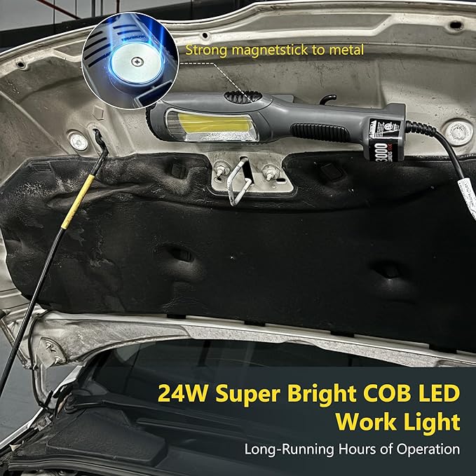 Portable Corded LED Work Light with Outlet in Handle, COB LED, 3000 Lumen 25ft 16AWG 3C SJTOW Cord Handheld Work Light, Strong Magnet, Swivel Hook for Mechanic, Garage, Workshop, Car Repair