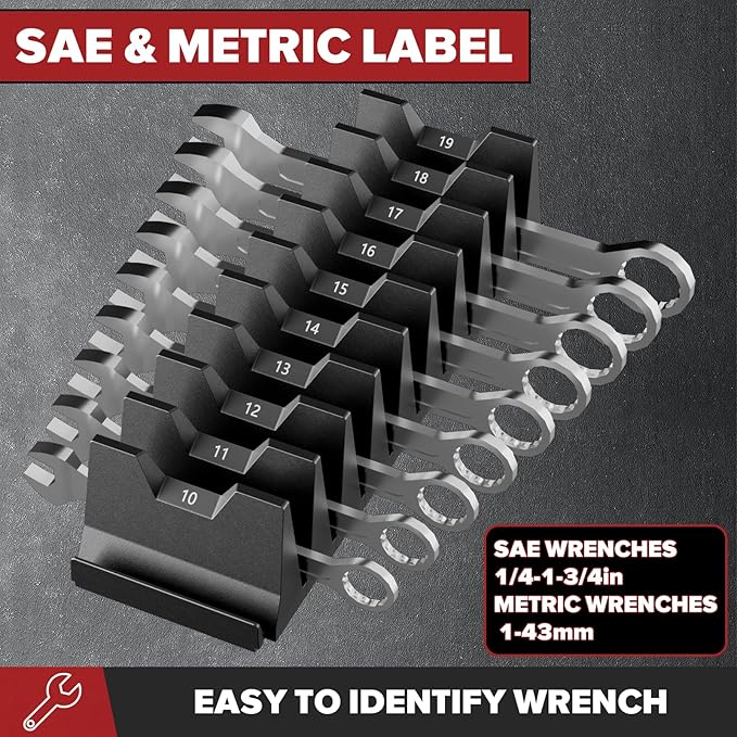 40PCS Magnetic Wrench Organizer Wrench Holder - Wrench Tool Organizers for Tool Drawer Storage, Wrench Storage Set with Metric & SAE Label, Wrench Rack Tool Gift for Professional Mechanics Men, Black