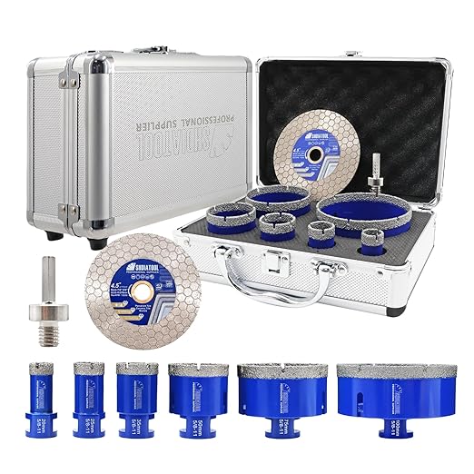 SHDIATOOL Diamond Tile Drill Bits Kit 8pcs, Porcelain Hole Saw Sets, Core Bits Cutter for Drilling Ceramic Marble Granite (20/25/35/50/75/100MM/HEX/4.5")