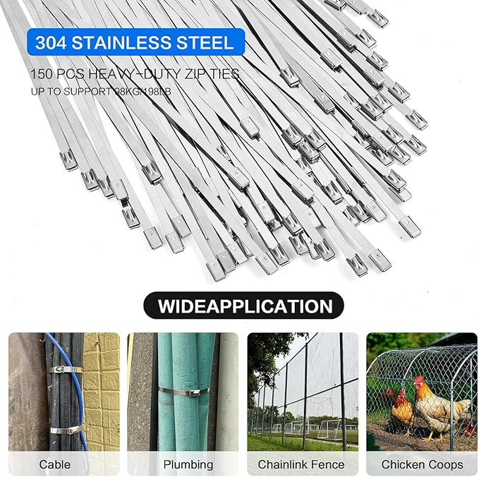 Stainless Steel Cable Tie Gun Set - With 150pcs Heavy Duty Cable Ties，Special Tool For Fastening And Cutting Metal Zip Ties-for Chain Link Fence Parts, Wire Fence Rolls,Exhaust Wrap, Outdoor Fences
