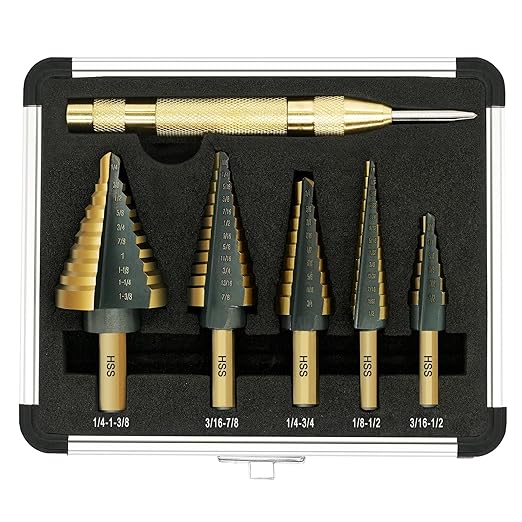 Step Drill Bit Set - Black and Gold, 6 Pcs High Speed Steel Unibit Drill Bits, Stepped Up Bits & Automatic Center Punch, DIY Lovers with Aluminum Case, Total 50 Sizes for Metal