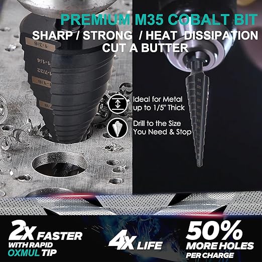 M35 Step Drill Bit Set,1/8" to 7/8" 25-Steps, Cobalt Bits, Heavy Duty for Stainless Steel, Hard Steel, Aluminum, Wood,2pcs.Co35A2_Co35A3