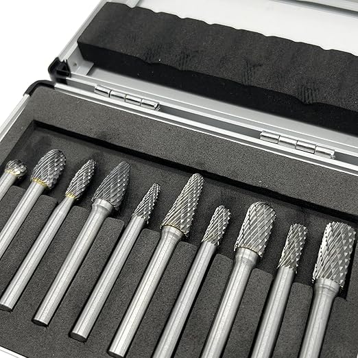 10Pcs Carbide Burr Set for Die Grinder Bits,1/4" Shank Double Cut Rotary Tool Bits | Metal, Wood, Plastic Working | Grinding, Engraving, Milling, Polishing | Durable Tungsten Carbide