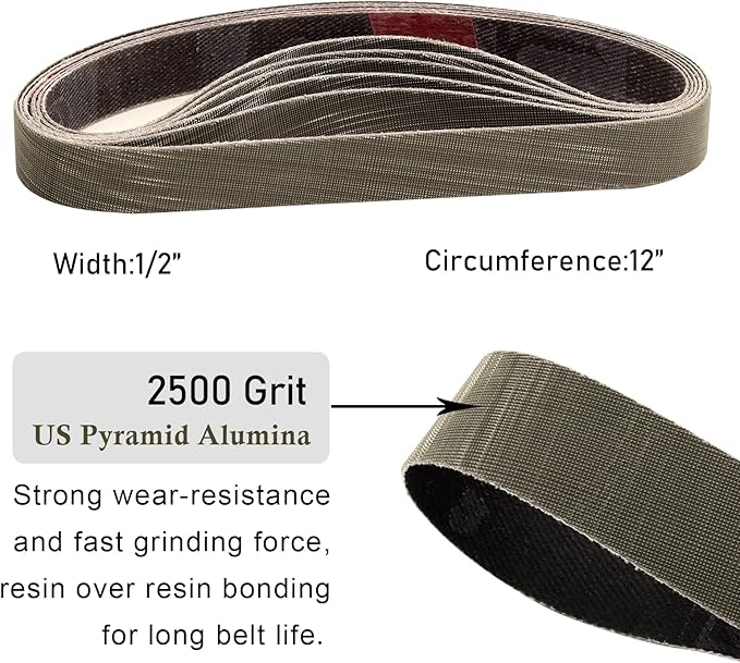 12 Pcs 1/2" x 12" Knife Sharpener Sanding Belts, 2500 Fine Grit Replacement Belt Fits Work Sharp Knife & Tool Sharpener(WSKTS & WSKTS-KT/Mk.1 & Mk.2)