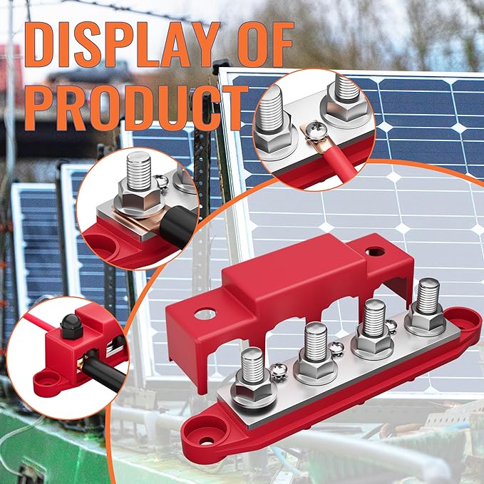 Joinfworld Power Distribution Block Bus Bar 12V 250A with 4 x 5/16"(M8) Studs Marine Bus Bar 12 Volt DC Battery Busbar Terminal Block for Automotive, Car, Boat, Solar Wiring - Negative&Positive