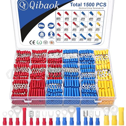 Qibaok 1500pcs Wire Connectors - Insulated Electrical Wire Terminals (Copper) - Ring, Butt, Spade, Fork Connector Kit - Red, Blue, Yellow