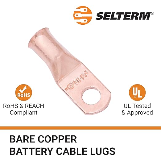 SELTERM 10pcs 4 AWG - 1/4" Stud - Battery Lugs, Heavy Duty Wire Lugs, Ring Terminals, Battery Cable Ends,4 Guage Terminals, UL Bare Copper Eyelets Electrical Battery Terminal Connectors