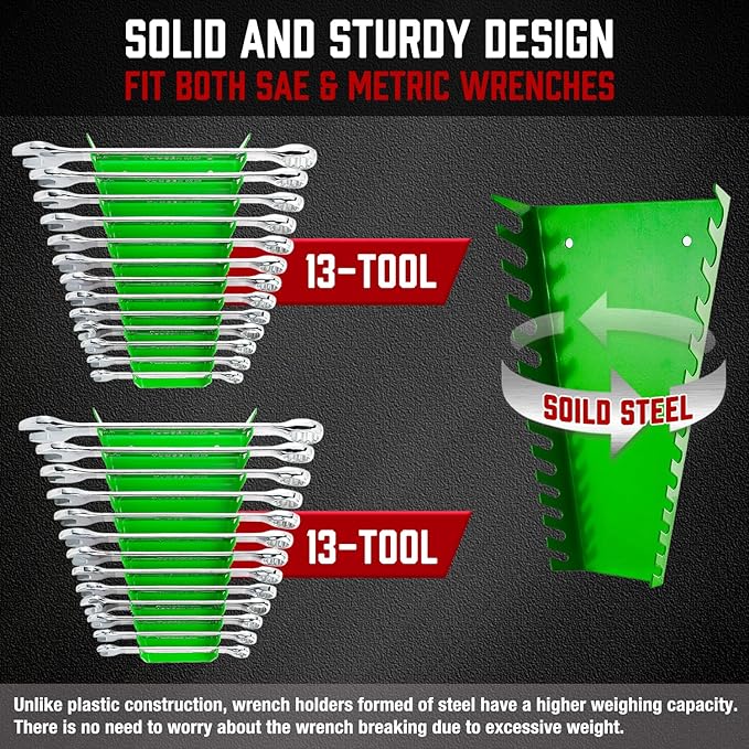 ALOANES 52-Slot Metal Wrench Organizer, Heavy Duty Wrench Organizer Tray for Tool Box, Fit SAE & Metric Wrench Storage, 4 Pack Wrench Holders(Green)