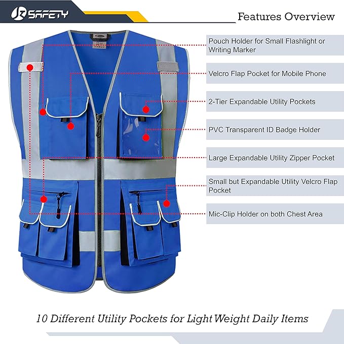 JKSafety 10 Pockets Blue Color Safety Vest Zipper Front with High Reflective Strips Meets ANSI/ISEA Standards (88-Blue, XX-Large)