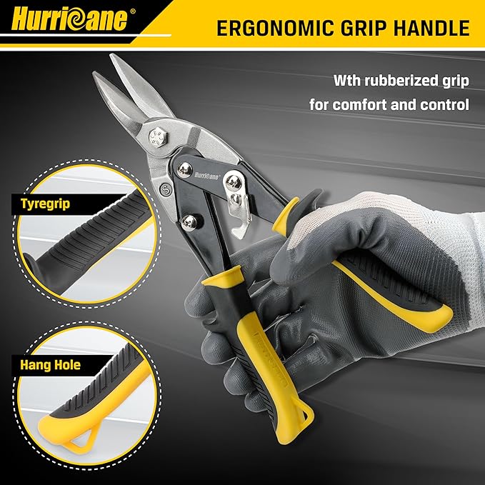 HURRICANE 10 Inch Aviation Tin Snips, Heavy Duty Metal Cutter Shears for Cutting Sheet Metal, Straight Cut, Chrome Vanadium Steel