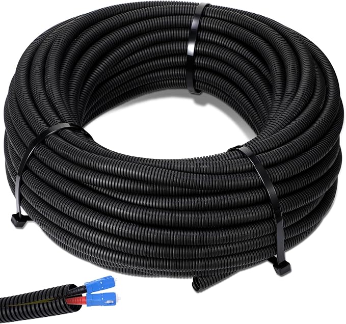 Sasylvia 1/4'' X 200 ft Split Wire Loom Cord Protector Tubing Split Conduit Protector Tubing Convoluted Tube Flexible Electrical Wire Cover Protective Sleeves (Black)