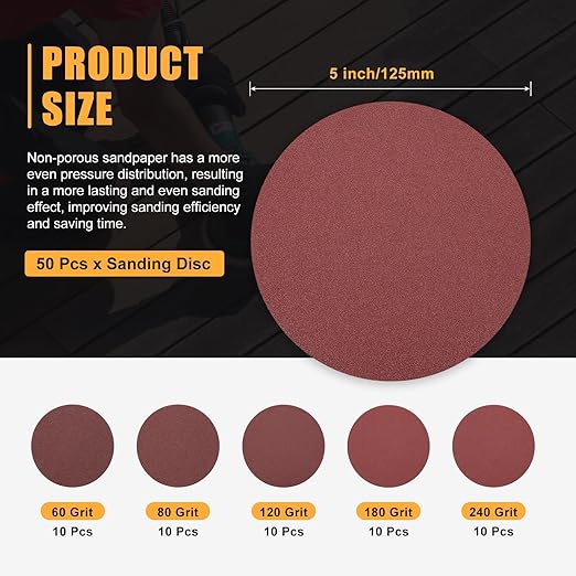 50 Pcs 5 Inch Sanding Disc 60/80/120/180/240 Grit Round Hook and Loop Sandpaper for Random Orbital Sander Automotive Car