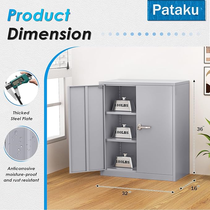 Pataku Metal Storage Cabinet, Garage Cabinet with Doors and Shelves 36" Hx32 Wx16 D, Steel Lockable File Cabinets for Office, Home, Garage, Basement, Industrial, Dark Grey
