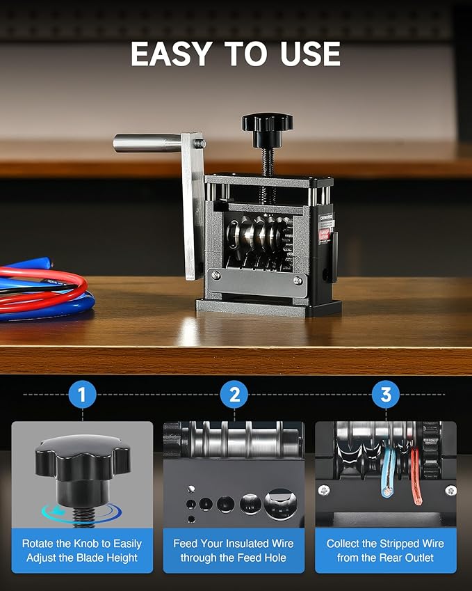 CREWORKS Manual Wire Stripping Machine, Drill Powered Wire Stripper Machine with 6 Channels & 5 Blades, Portable Cable Stripper Tool with Hand Crank for 0.1" to 0.67" Scrap Copper Cables Recycling
