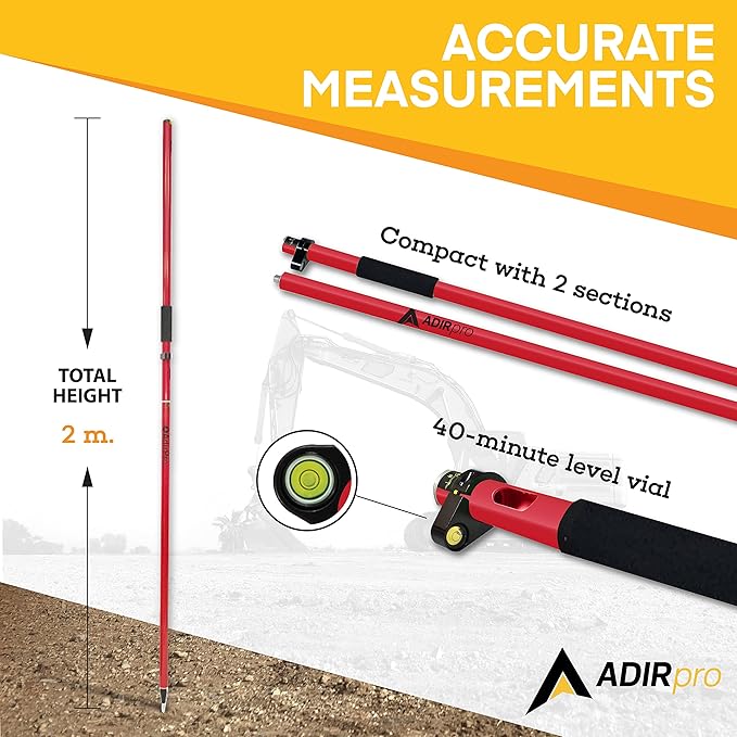 AdirPro Aluminum GPS Rover Rod – 2m 2-Piece Design GPS Pole for Land Surveying & Engineering – RTK GPS/GNSS Accessory – Includes Level Vial & Carrying Case (Red)