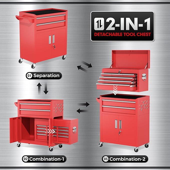 INTERGREAT Tool Chest Cabinet,8-Drawer Rolling Tool Chest with Detachable Top Tool Box, Tool Chests with Universal Lockable Wheels, Metal Tool Cart for Garage, Workshop, Barbershop(Red)