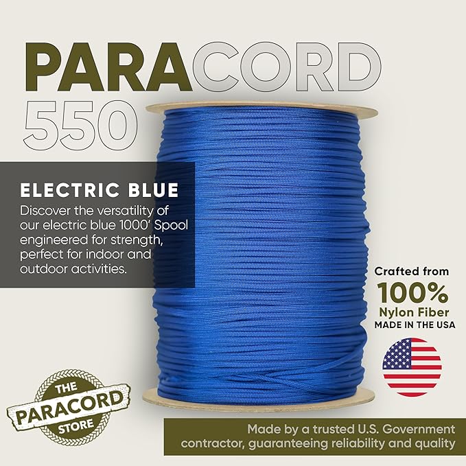 The Paracord Store | Type III 550 Paracord - 1000 FT Spool, Electric Blue | Heavy Duty 7 Strand Tactical Paracord - USA Made Nylon Outdoor Parachute Cord for Camping, Fishing & More - Survival Cord