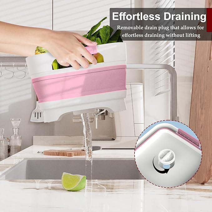 2.4 Gal Collapsbile Wash Basin with Drian Plug,9L Dish Pan for Soaking Baby Bottles,Portable Sink, Multiuse Foldable Bucket,Ice Beverage Tubs for Camping, Vegetable Washing, RV (Pink)