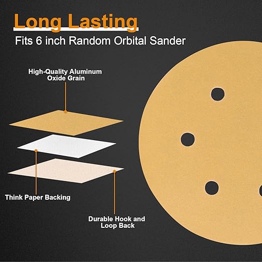 100 PCS 6 Inch Sanding Discs 320 Grit, 6 Hole Hook and Loop Round Sandpaper for Random Orbital Sander