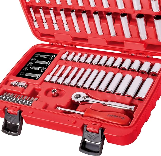CARBYNE 1/4" Drive 6 Point Socket & Ratchet Set - 65 Piece | SAE & Metric. Includes Metric 4mm to 14mm, SAE 5/32" to 9/16. Chrome Vanadium Steel • From a Family-Run Tool Company Based in the U.S.A.