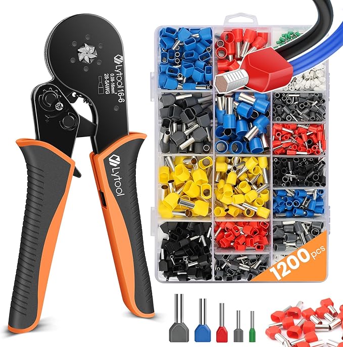 Lytool Ferrule Crimping Tool Kit, Hexagonal Ratchet Crimper for 28-5 AWG, Insulated Wire Ferrules, Self-Adjusting Terminal Crimper with 1200PCS Connectors for Electricians
