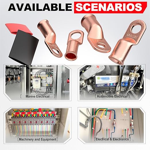 AIRIC UL Listed 1/0 AWG - 5/16" Battery Cable Lugs, Heat Shrink Ring Terminals End, Copper Cable Ends, Wiring Connector Terminal, Electrical Crimp Connectors, Wire Lug for 1/0 Gauge Wires, 4 PCS