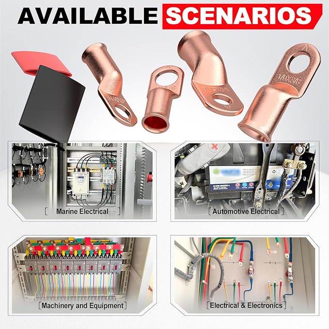AIRIC 10 PCS UL Listed 2 AWG - 5/16" Battery Cable Lugs, Heat Shrink Ring Terminals End, Copper Cable Ends, Wiring Connector Terminal, Electrical Crimp Connectors, Wire Lug for 2 Gauge Wires