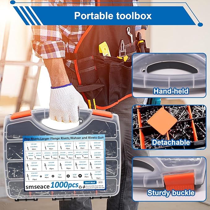 smseace 1001Pcs Pop Rivet Gun Kit Black Pop Rivets, Large Flange Rivets, Washers and Rivets Gun Tool Packed in Portable Toolbox with Color Label for Metal, Furniture, Automotive, Instruments