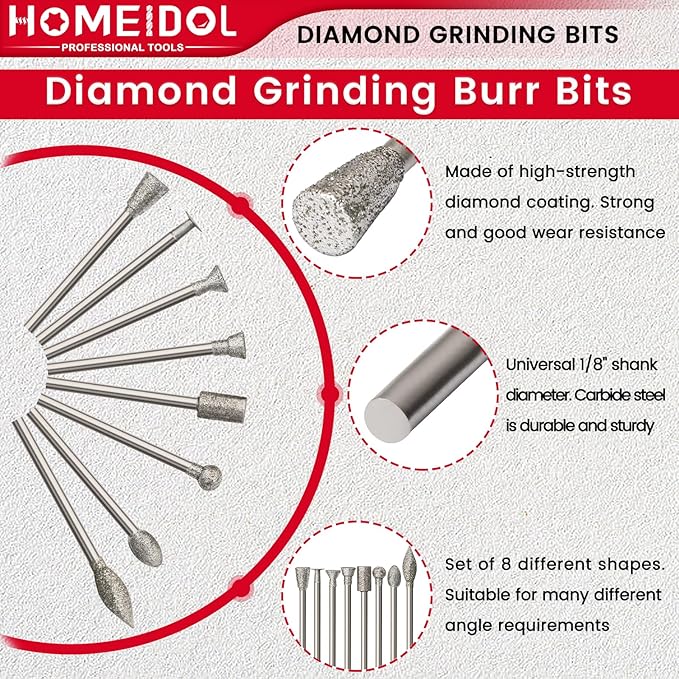 20PCS Stone Carving Set Diamond Burr Bits, HOMEIDOL Diamond Grinding Bits Suitable for Dremel, Polishing Kits Rotary Tools Accessories with 1/8" Shank for Carving, Engraving, Grinding, Stone, Glass