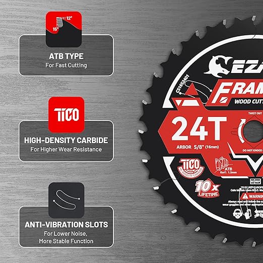 EZARC 6-1/2 Inch Circular Saw Blades 24T - FRAMING Wood Cutting Blade, Ultra-Thin 1.5mm Kerf, Non-Stick Coating, 2 Pack