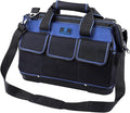 Tool Bag 16'', Multi-pocket Tool Organizer with Water Proof Plastic Base, Heavy Duty Tote with Shoulder Strap for Tool Storage, Black & Blue