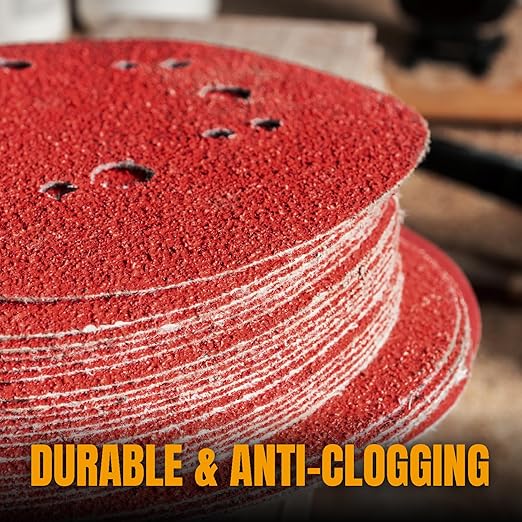 POWERTEC 150PK, 60/80/100/120/150/180/240/320/400/600 Grits, 5 Inch 8 Hole Hook and Loop Sanding Discs, Aluminum Oxide Woodworking Sanding Pads for Random Orbital, Palm, Air & Pneumatic Sander (45054)