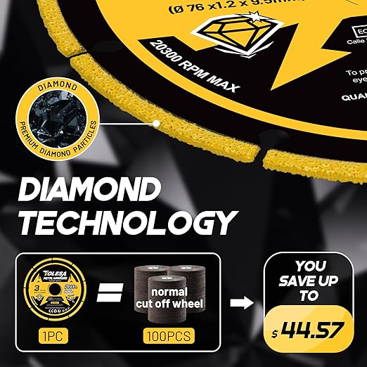 TOLESA Diamond Cutting Wheel 3 x 3/8 Inch for Metal, Cut Off Wheel with 5000+ Cuts on Rebar, Steel, Iron and INOX, 3 Pack