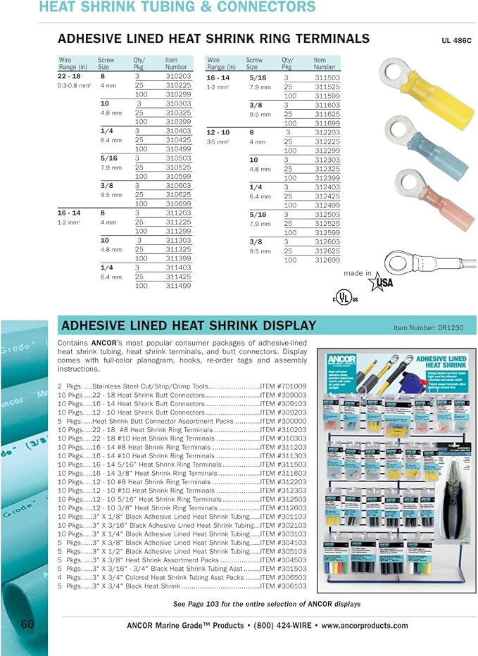 Ancor 310425 Marine Grade Electrical Nylon Insulated Adhesive Lined Heat Shrink Ring Terminals (22 to 18-Gauge, Size 1/4 Screw, 25-Pack)