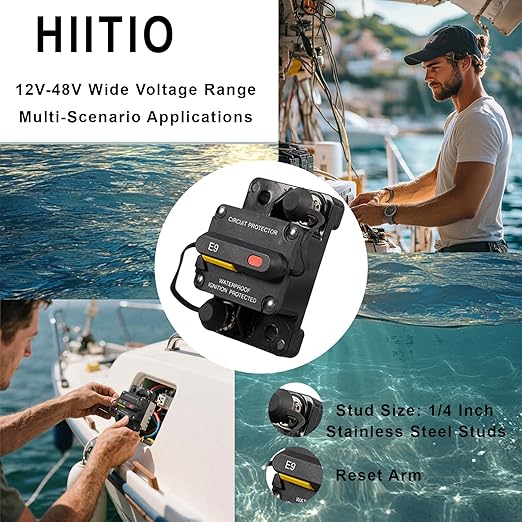 50 Amp Marine Circuit Breaker, IP67 Waterproof Manual Reset Switch, 12V-48V DC Circuit Breaker, 3/8" Studs, for Boat Trolling Motor/Marine ATV/Battery/Solar System, Suface Mount (50A)