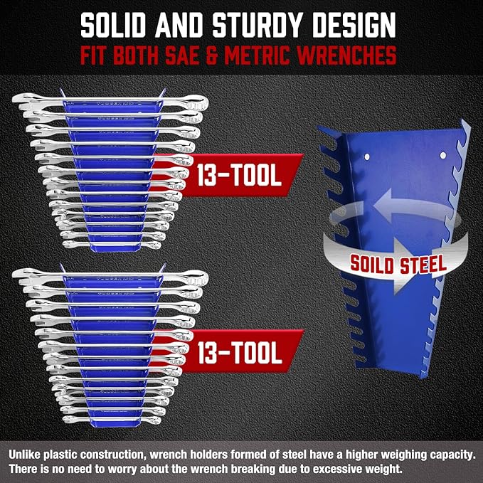 ALOANES Steel Wrench Organizer, 52-Slot Tool Organizer Set Wall Mounted & Hanging, 4 Pack Wrench Holders Fit SAE & Metric Wrench Storage(Red&Blue)