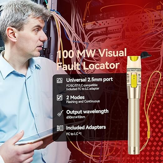 VFL Visual Fault Locator 100mw Fiber Optic Cable Troubleshoot Kit 2.5 mm Universal Connector, with 1pc FC to LC Adapter for Telecommunications & CATV Maintenance