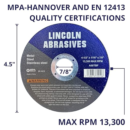 25 Pc 4.5" x 1/16" x 7/8" Cut-Off Wheels Lincoln Abrasives Metal & Stainless Steel