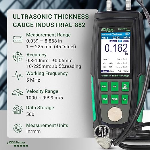 Ultrasonic Thickness Gauge Industrial-882 / Steel, Metals, Plastic, Glass, PVC, Pipes Thickness Gauge Meter – Range 0.039 to 8.85 inch| 2.4” HD Color LCD | Auto Calibration (All matеrial)