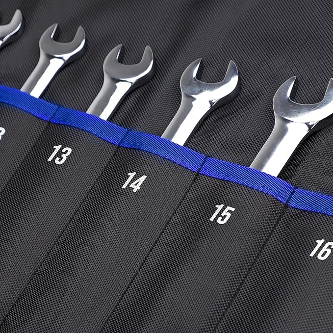 YOOFAN Wrench Roll Up Pouch – Wrench Organizer with 12+1 Pockets, Wrench Bag with Handle, Wrench Holder for Hanging, Blue – Metric