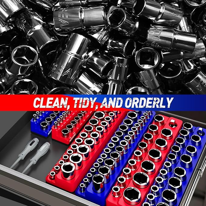 3/8 Inch Magnetic Socket Organizer, NOEAIKE 2-Pack Metric &SAE Socket Holder Set 3/8" Drive Socket Trays, Holds 56 Pcs Standard and Deep Size Sockets(Socket not Included)