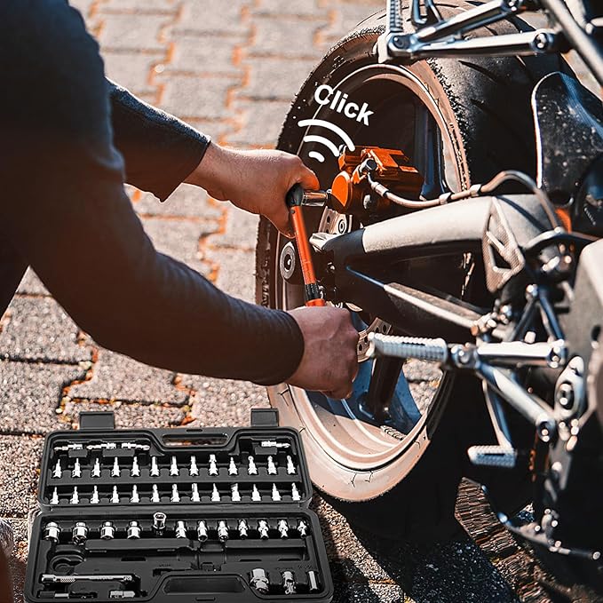 50PCS Inch Pound Torque Wrench Set, 1/4" Drive Bike Torque Wrench, 10-220 in.lb(1-24.7nm) Click Bicycle Torque Wrench 72-Tooth Ratchet with Bit Sockets, Adapters, for MTB, E-Bike, Motorcycle